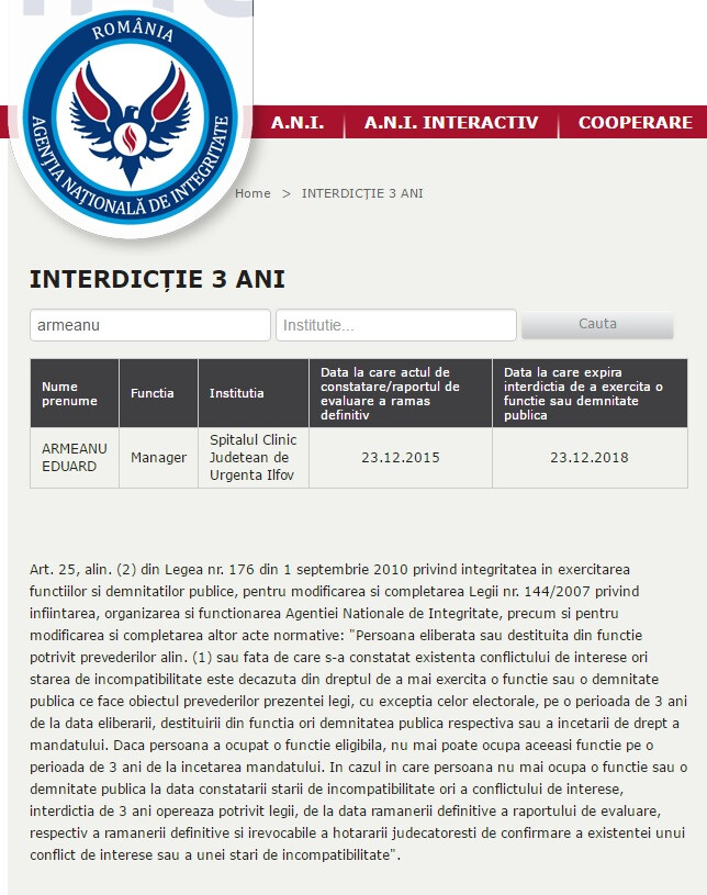 Captură de pe site-ul A.N.I. cu interdicția lui Armeanu de a exercita o funcție sau demnitate publică