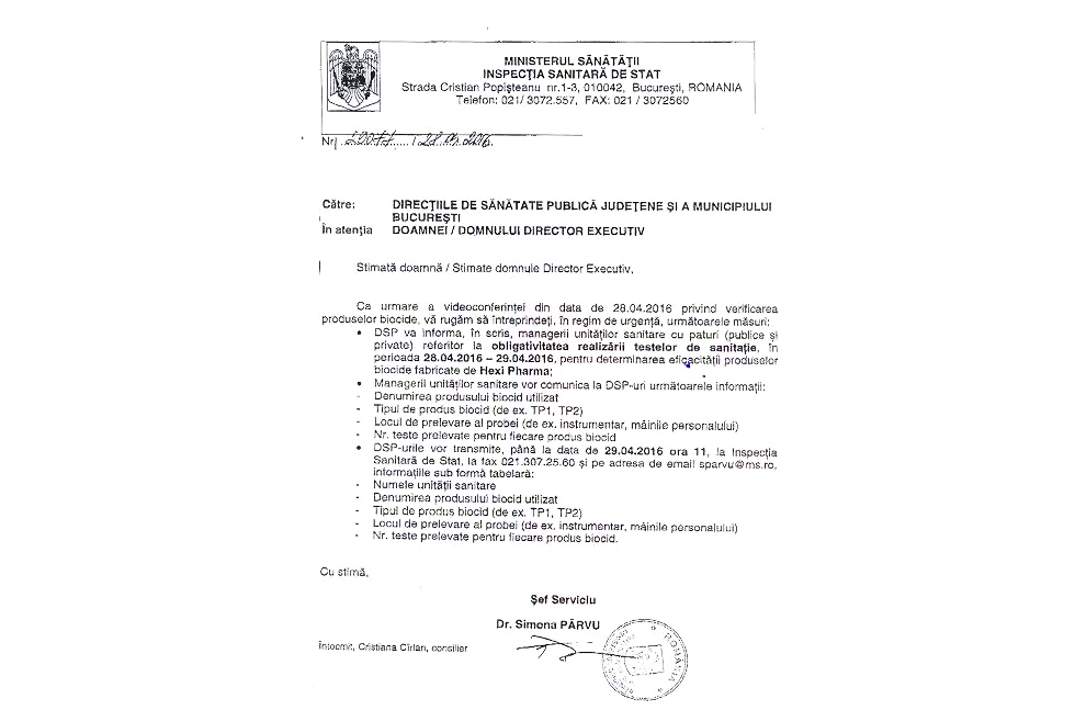 Documentul primit de Direcțiile Județene de Sănătate de la Inspecția Sanitară de Stat