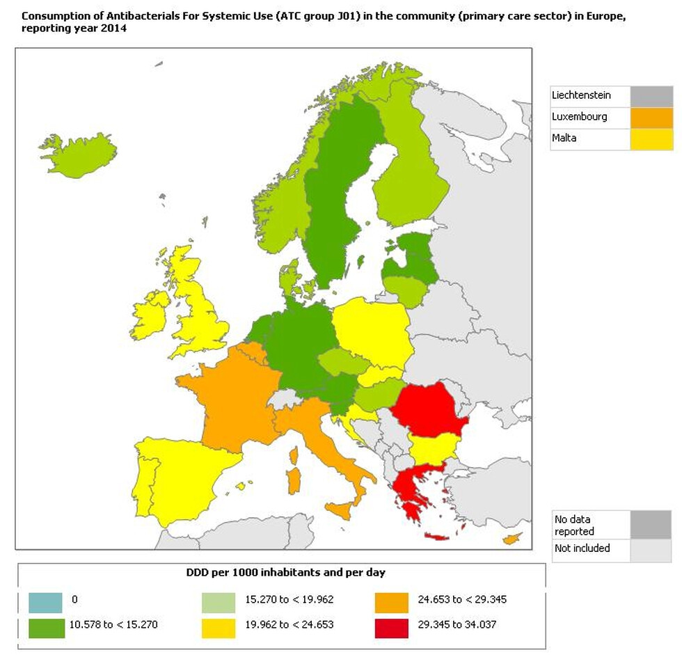 Harta consumului de antibiotice în Europa (2014) 